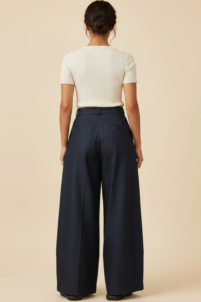 Pantalon À Pince Bleu Marine Fluide Ceinturé Large Femme - Gabardine - vue 2