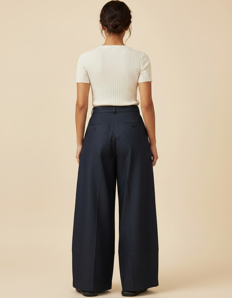Pantalon À Pince Bleu Marine Fluide Ceinturé Large Femme - Gabardine - vue 2