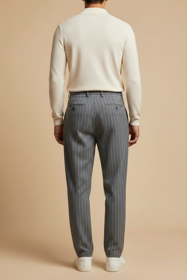 Pantalon À Pince Gris Rayé Plissé Décontracté Homme - Laine - vue 2