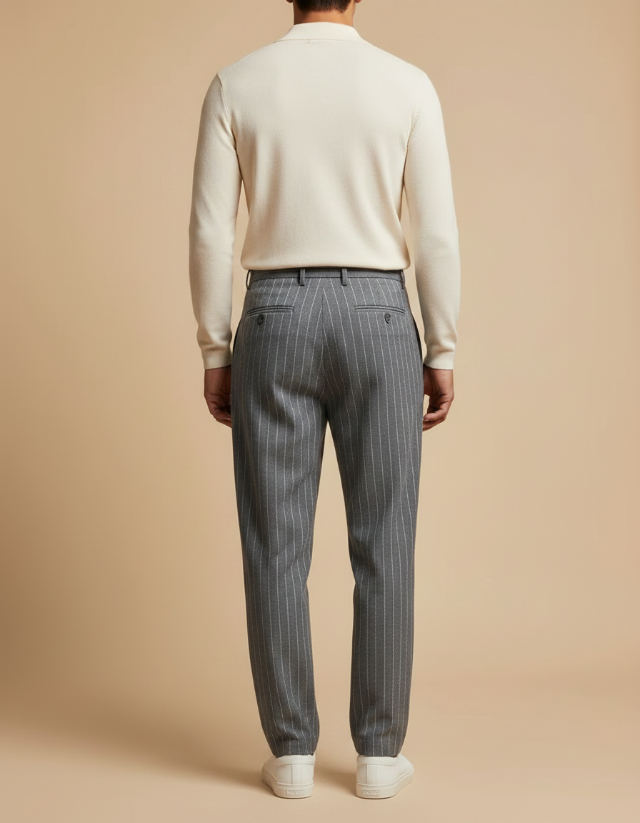 Pantalon À Pince Gris Rayé Plissé Décontracté Homme - Laine - vue 2