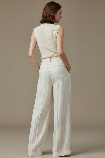 Pantalon À Pince Blanc Cassé Rayé Fluide Ample Élégant - Lin - vue 2