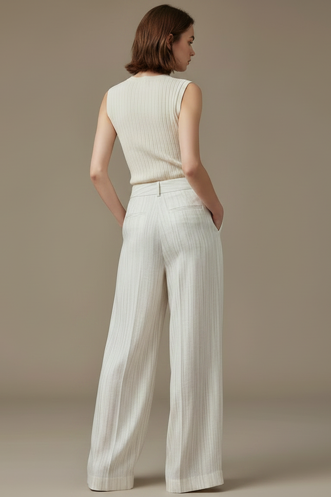 Pantalon À Pince Blanc Cassé Rayé Fluide Ample Élégant - Lin - vue 2