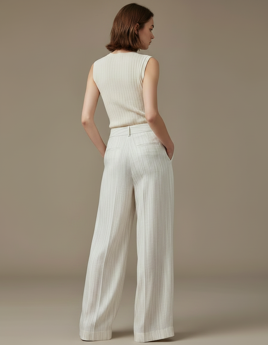 Pantalon À Pince Blanc Cassé Rayé Fluide Ample Élégant - Lin - vue 2