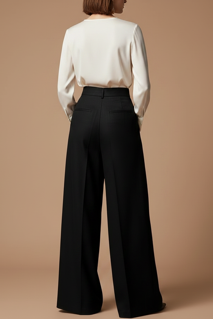 Pantalon À Pince Noir Ample Fluide Taille Haute Femme - Viscose - vue 2