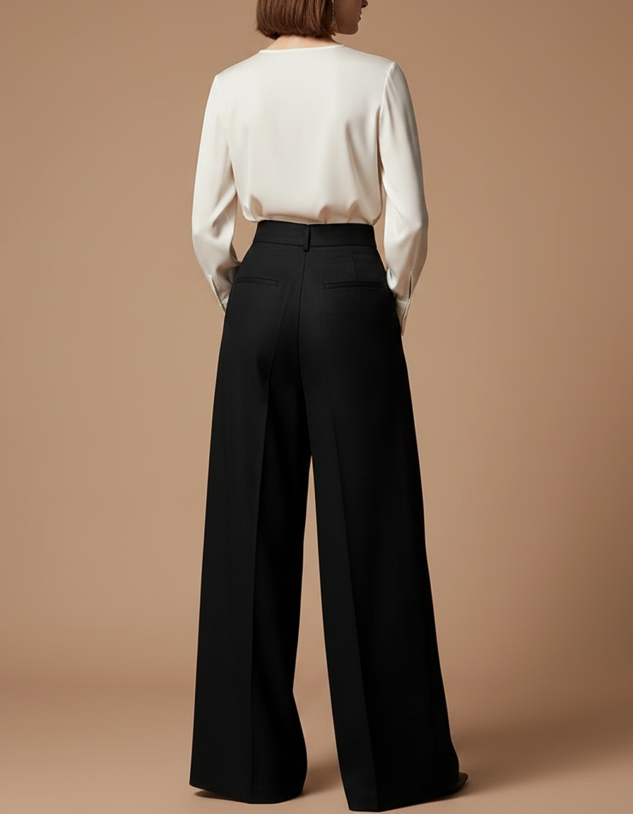 Pantalon À Pince Noir Ample Fluide Taille Haute Femme - Viscose - vue 2