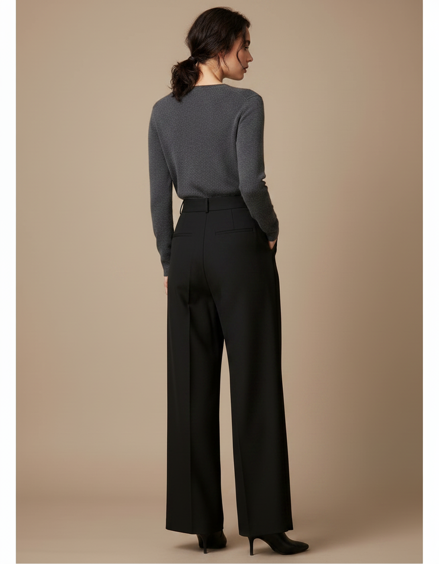 Pantalon À Pince Noir Ample Plissé Taille Haute Élégant - Gabardine - vue 2