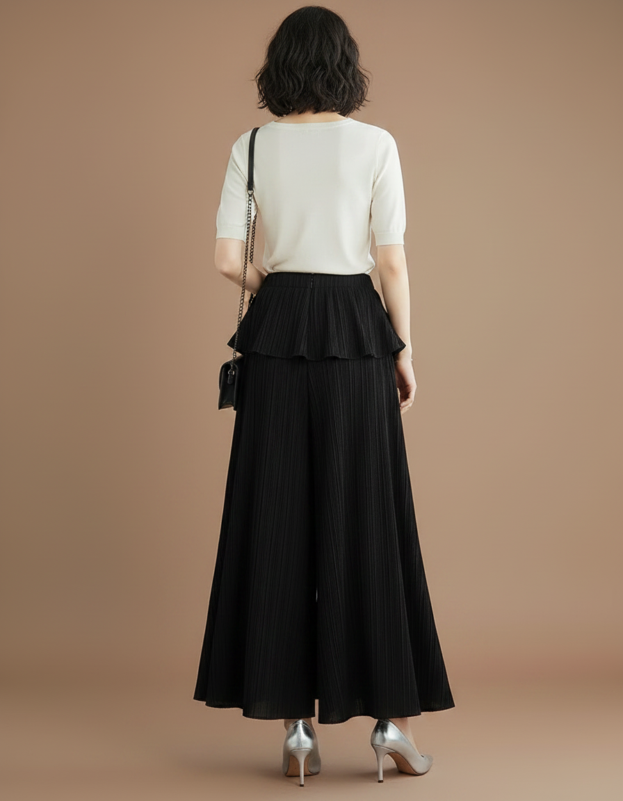 Pantalon À Pince Noir Plissé Irrégulier Ample Élégant Femme - Polyester - vue 2
