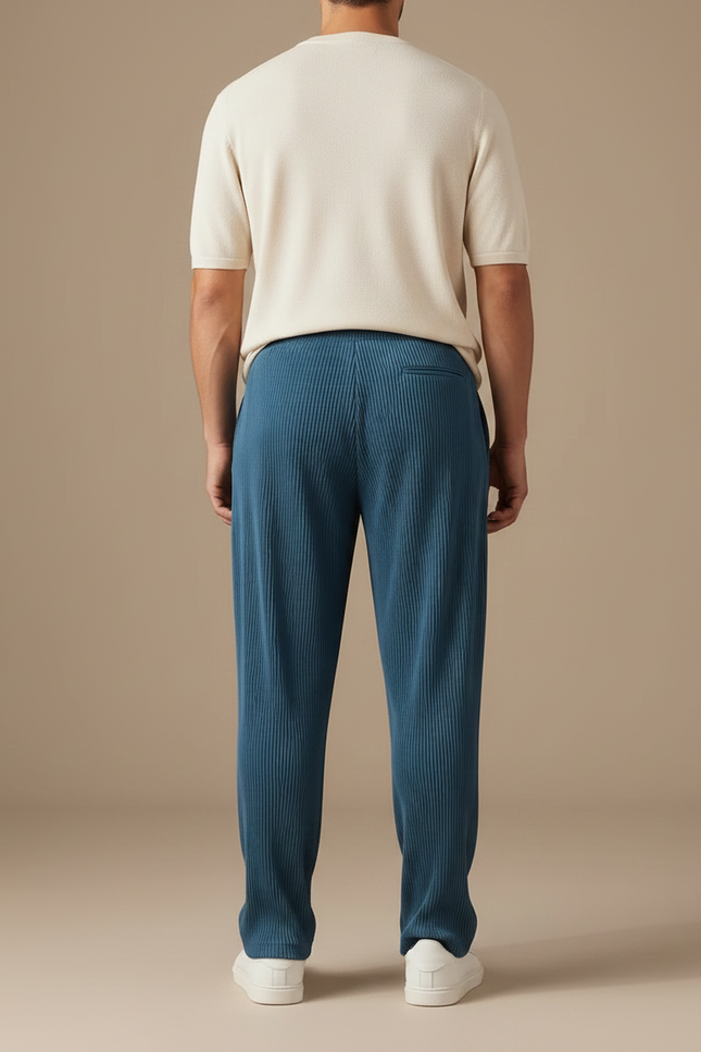 Pantalon À Pince Bleu Côtelé Plissé Ample Homme - Polyester - vue 2