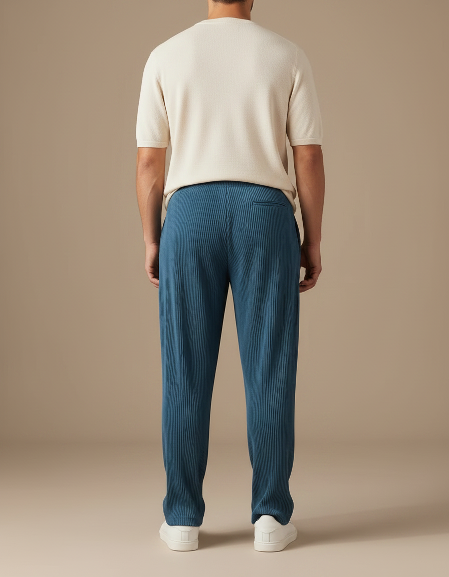 Pantalon À Pince Bleu Côtelé Plissé Ample Homme - Polyester - vue 2