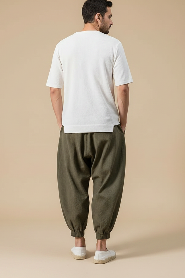 Pantalon À Pince Kaki Ample Coton Décontracté Homme - vue 2