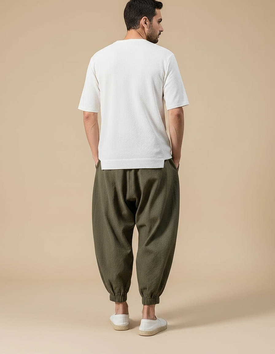Pantalon À Pince Kaki Ample Coton Décontracté Homme - vue 2