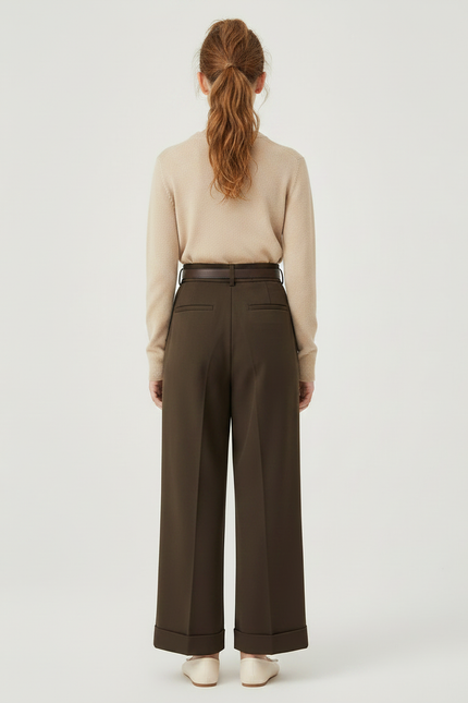 Pantalon À Pince Marron Ample Plissé Ceinturé - Gabardine - vue 2