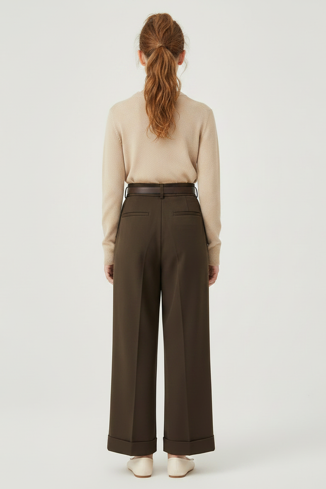 Pantalon À Pince Marron Ample Plissé Ceinturé - Gabardine - vue 2