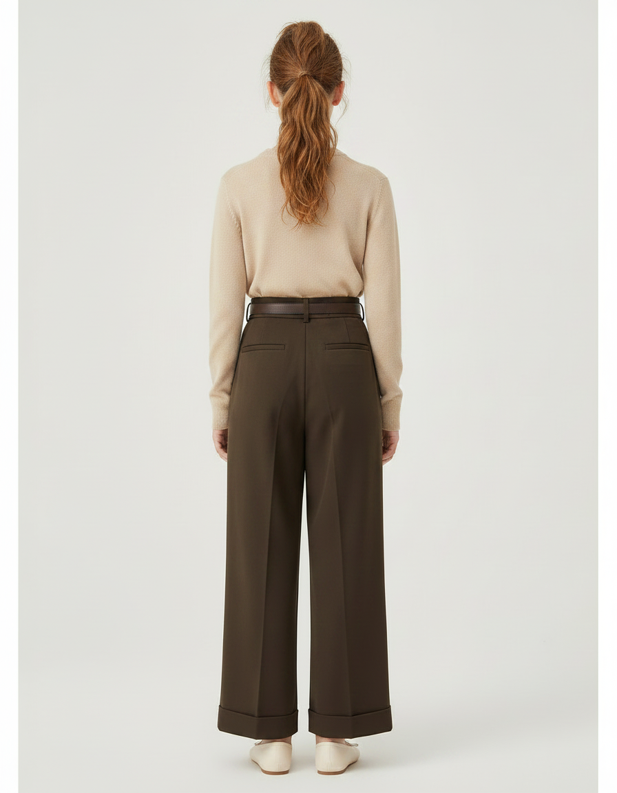 Pantalon À Pince Marron Ample Plissé Ceinturé - Gabardine - vue 2