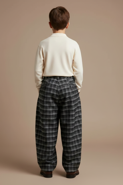 Pantalon À Pince Plaid Large Laine Épais Garçon Hiver - Gris - vue 2