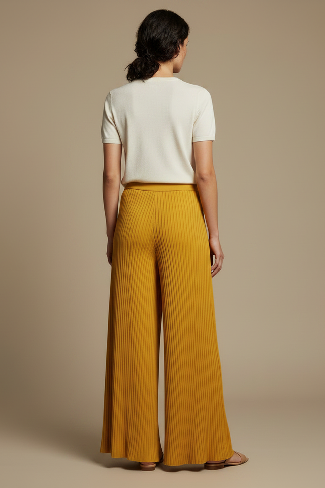 Pantalon À Pince Plissé Ample Jaune Moutarde Fluide - Maille - vue 2