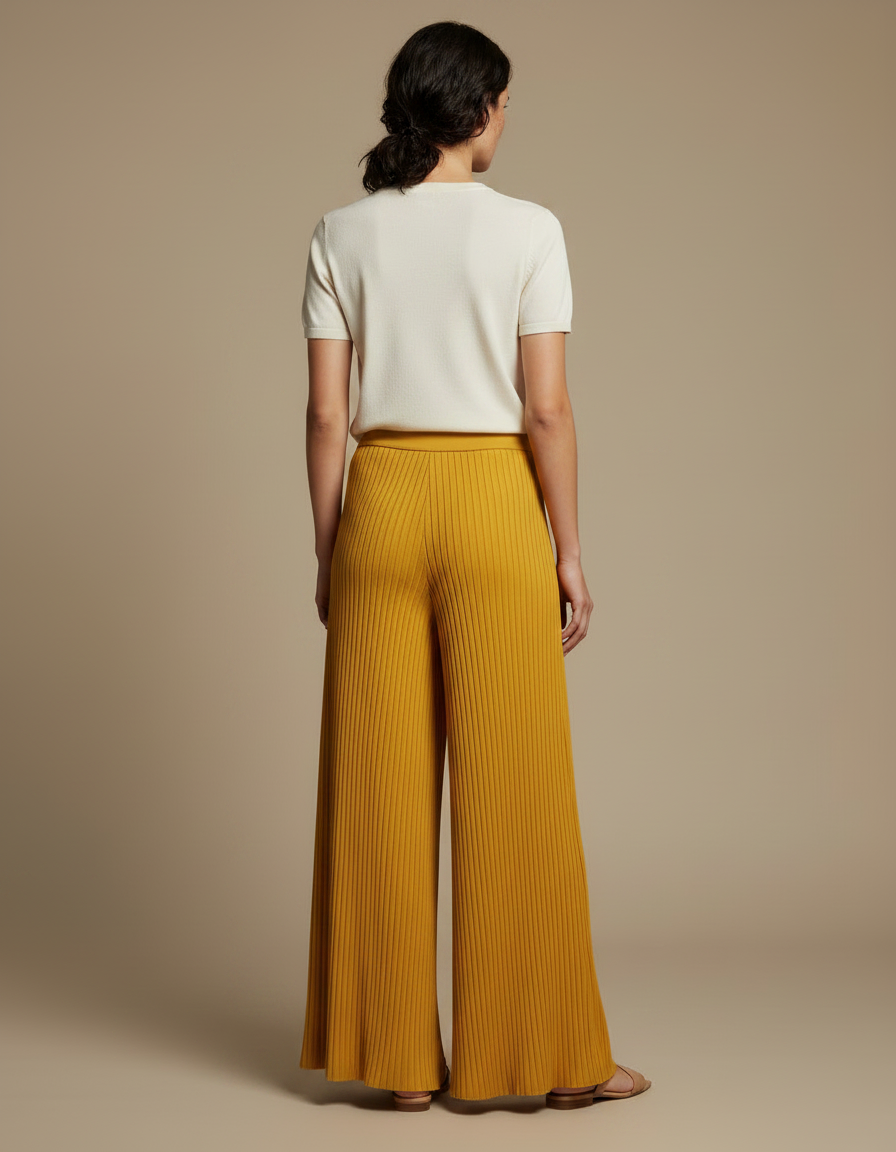 Pantalon À Pince Plissé Ample Jaune Moutarde Fluide - Maille - vue 2