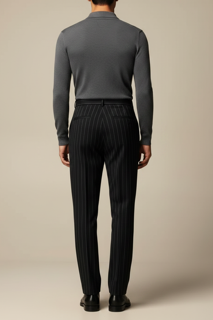 Pantalon À Pince Noir Rayé Plissé Ample Élégant Homme - Laine - vue 2