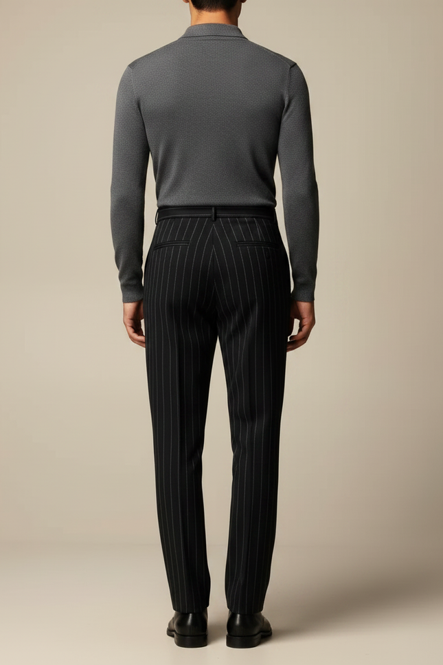 Pantalon À Pince Noir Rayé Plissé Ample Élégant Homme - Laine - vue 2