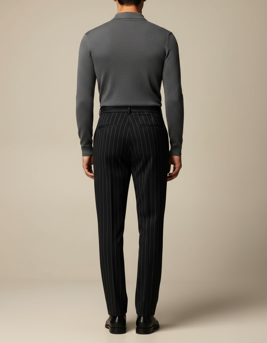 Pantalon À Pince Noir Rayé Plissé Ample Élégant Homme - Laine - vue 2