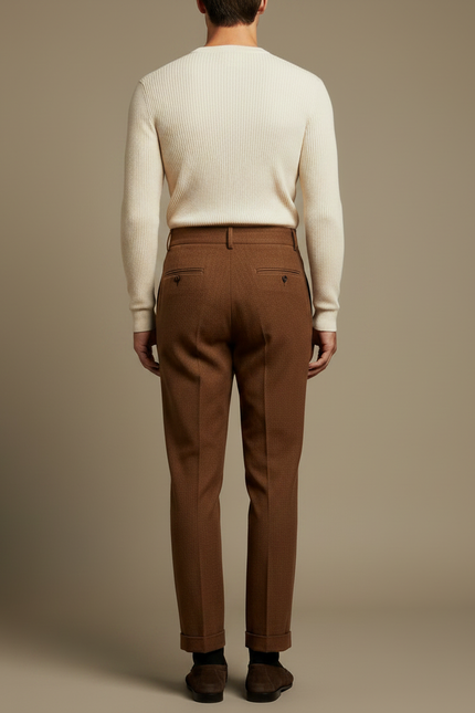 Pantalon À Pince Marron Carreaux Laine Plissé Droit Homme Élégant - vue 2