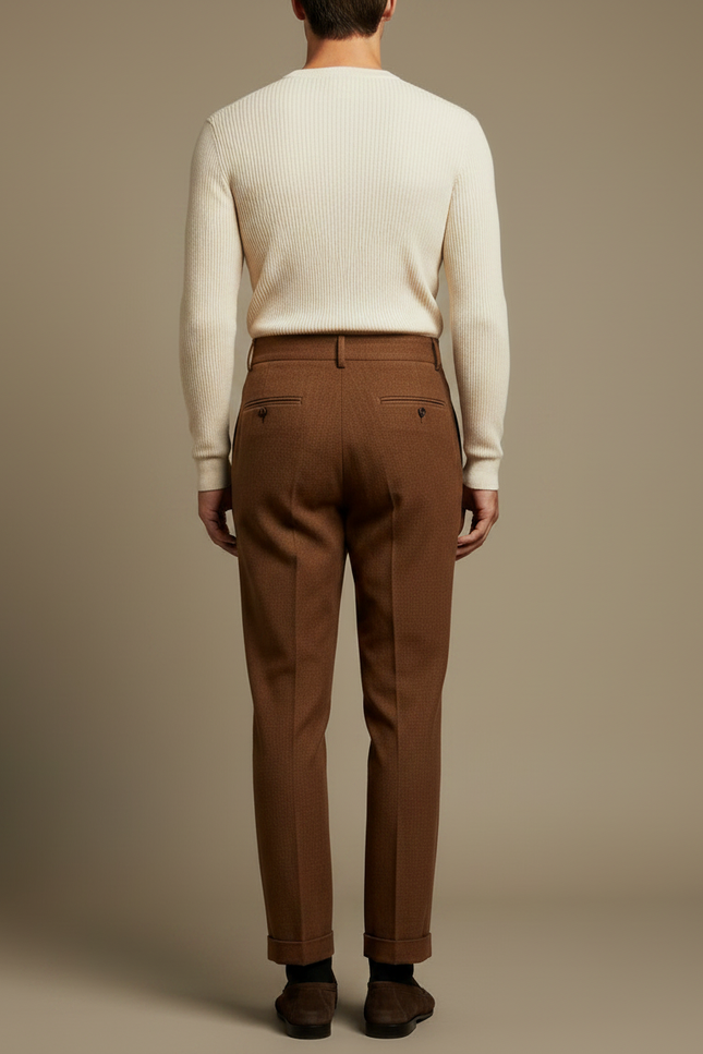 Pantalon À Pince Marron Carreaux Laine Plissé Droit Homme Élégant - vue 2
