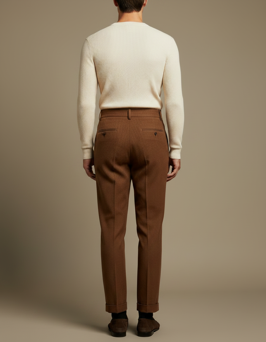 Pantalon À Pince Marron Carreaux Laine Plissé Droit Homme Élégant - vue 2
