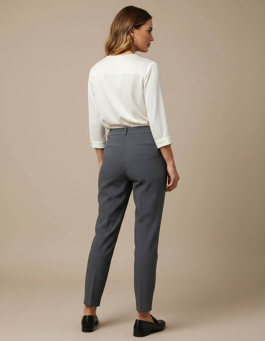 Pantalon À Pince Gris Élégant Taille Haute Fuselé - Gabardine - vue 2