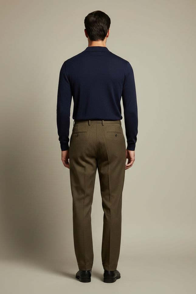 Pantalon À Pince Marron Laine Droit Élégant Plissé - Kaki - vue 2