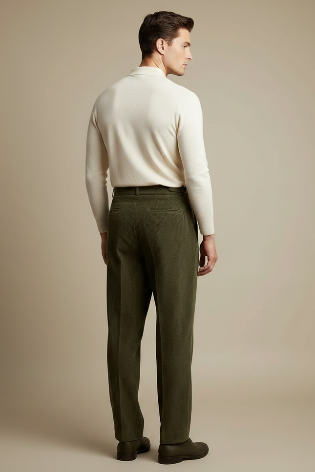 Pantalon À Pince Vert Côtelé Ample Plissé Homme - Cordé - vue 2