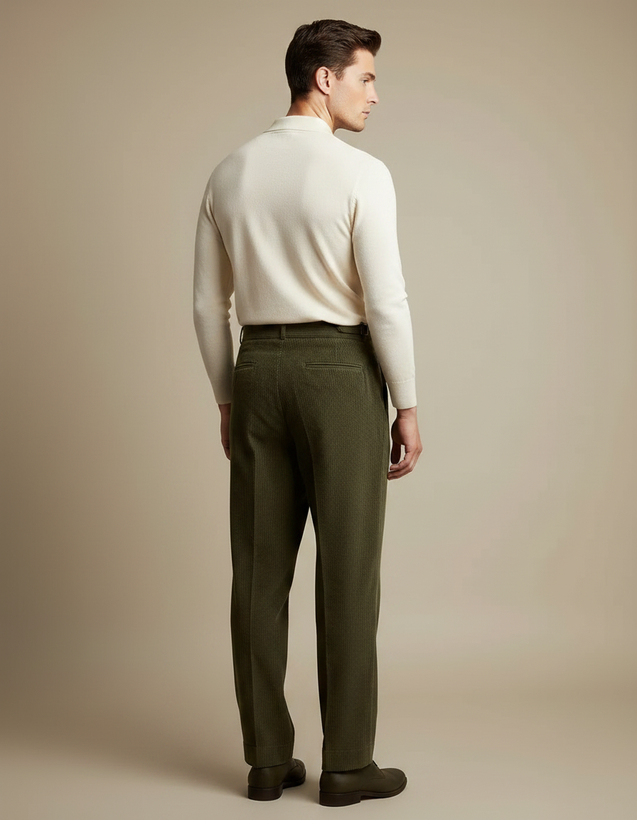 Pantalon À Pince Vert Côtelé Ample Plissé Homme - Cordé - vue 2