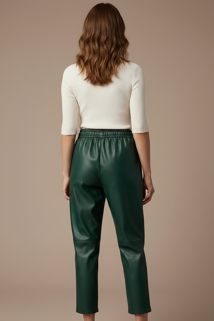 Pantalon À Pince Vert Similicuir Taille Élastique Décontracté - Simili cuir - vue 2