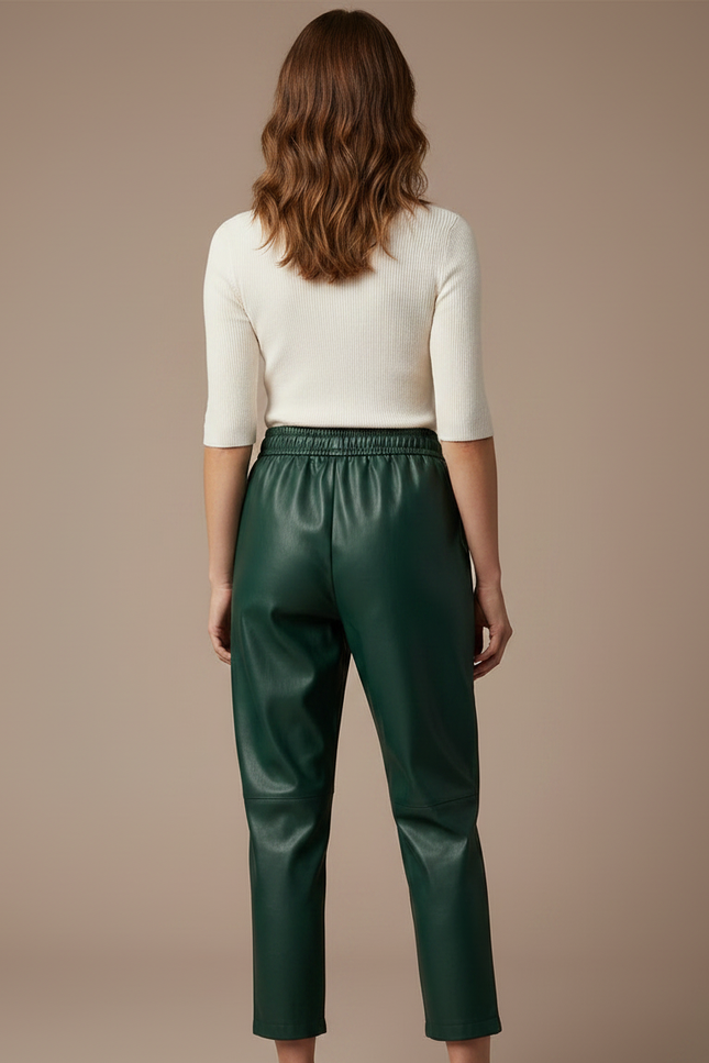 Pantalon À Pince Vert Similicuir Taille Élastique Décontracté - Simili cuir - vue 2