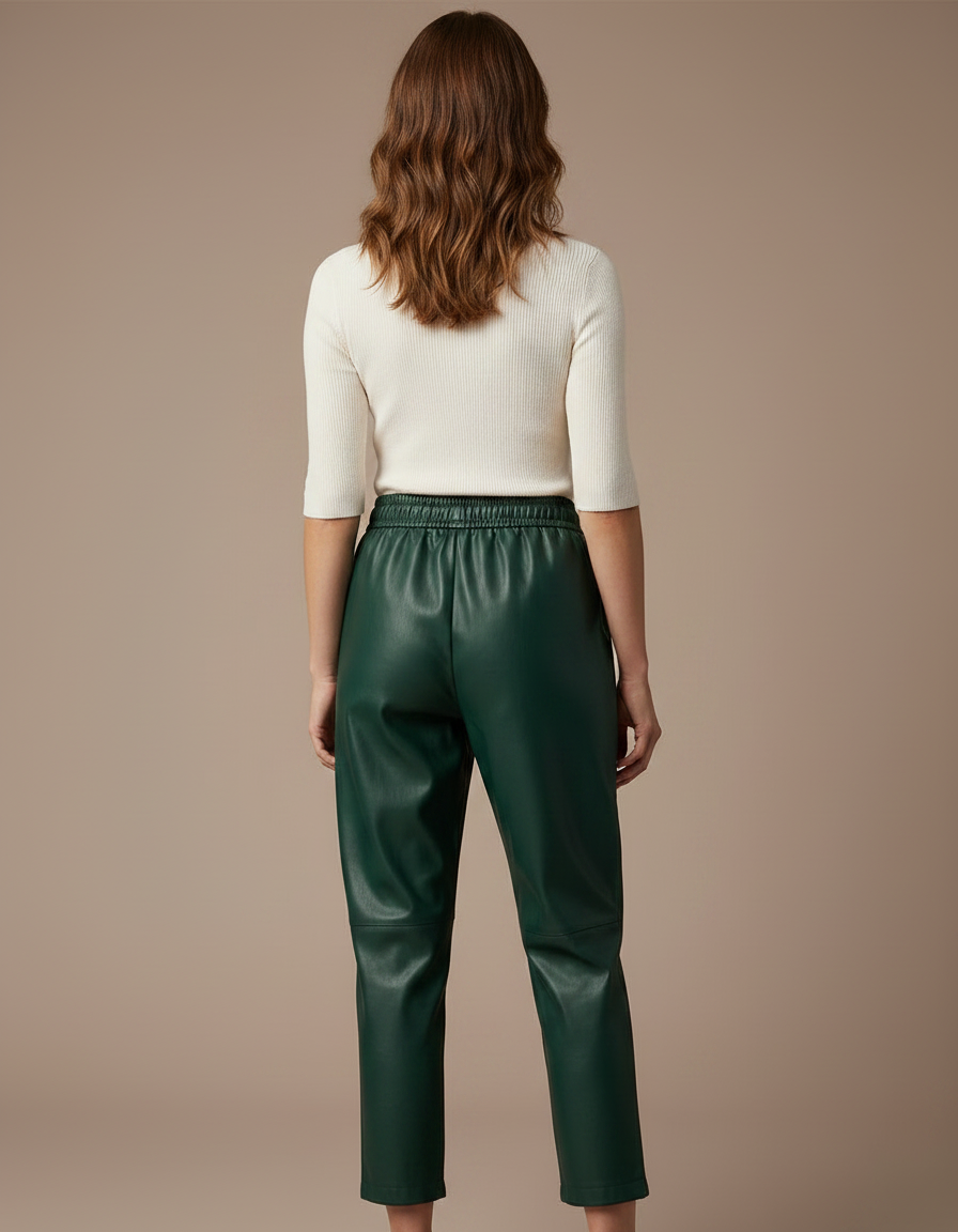 Pantalon À Pince Vert Similicuir Taille Élastique Décontracté - Simili cuir - vue 2
