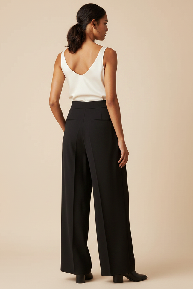 Pantalon À Pince Noir Fluide Élégant Taille Haute - Polyester - vue 2