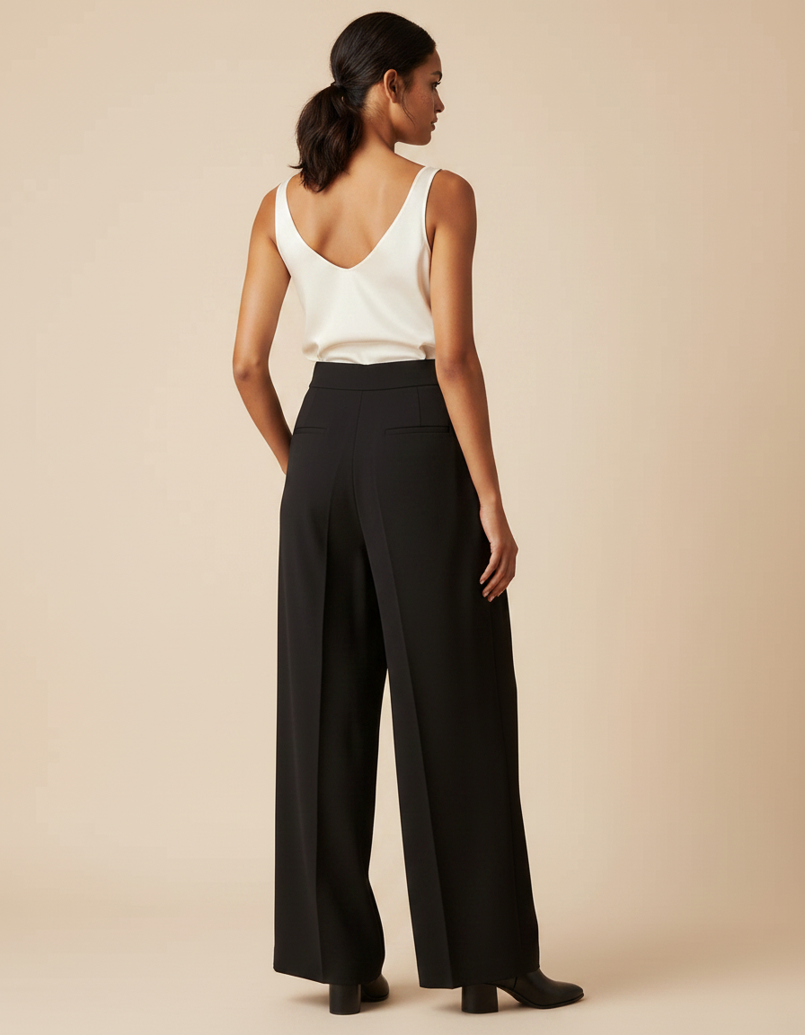 Pantalon À Pince Noir Fluide Élégant Taille Haute - Polyester - vue 2