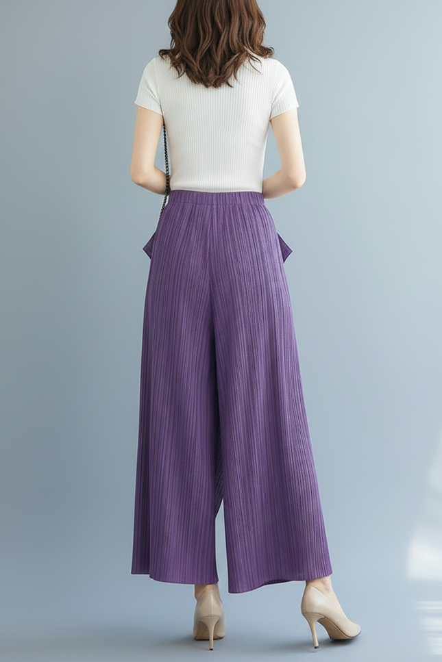 Pantalon À Pince Violet Plissé Fluide Irrégulier Femme - Polyester - vue 2