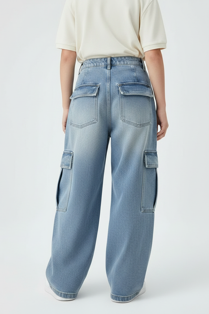 Pantalon À Pince Cargo Denim Large Dégradé Enfant - Bleu Jean - vue 2