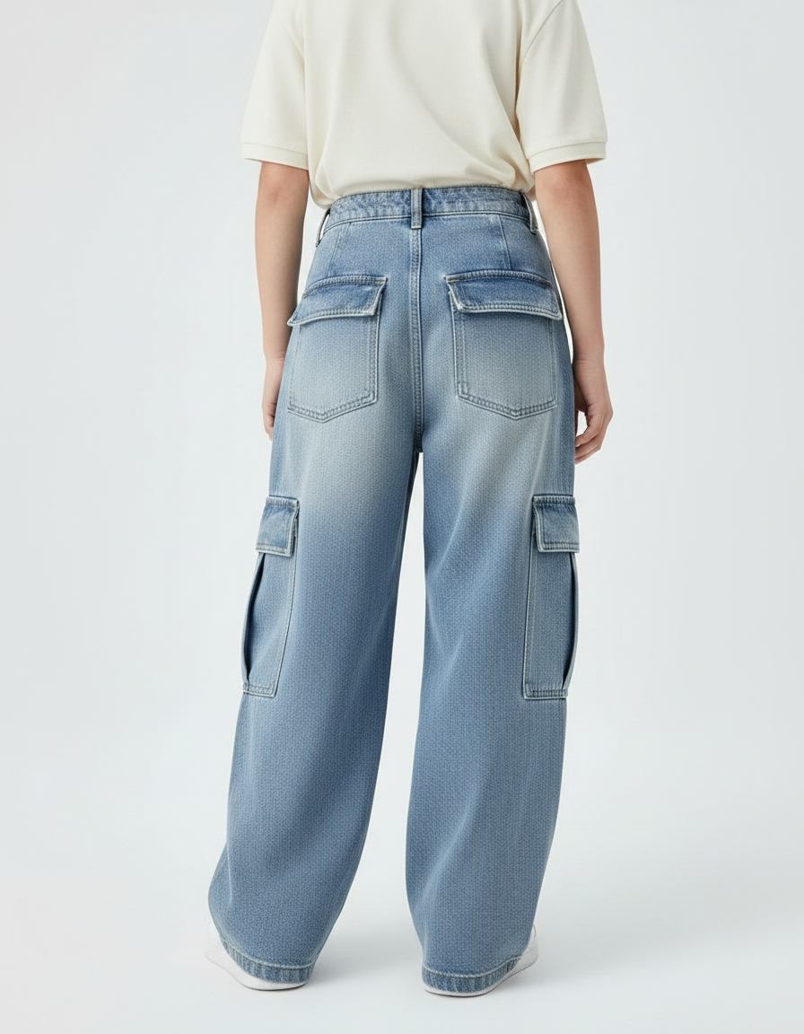 Pantalon À Pince Cargo Denim Large Dégradé Enfant - Bleu Jean - vue 2