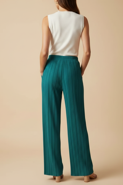 Pantalon À Pince Plissé Fluide Ample Vert Émeraude Élégant - Polyester - vue 2