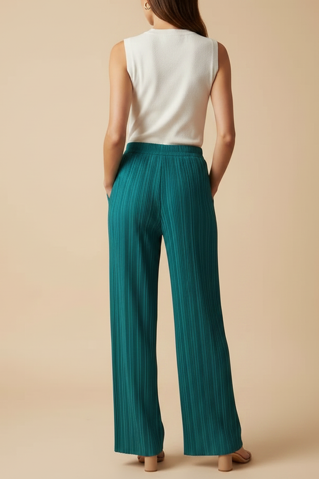 Pantalon À Pince Plissé Fluide Ample Vert Émeraude Élégant - Polyester - vue 2