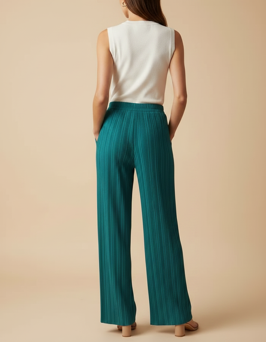 Pantalon À Pince Plissé Fluide Ample Vert Émeraude Élégant - Polyester - vue 2