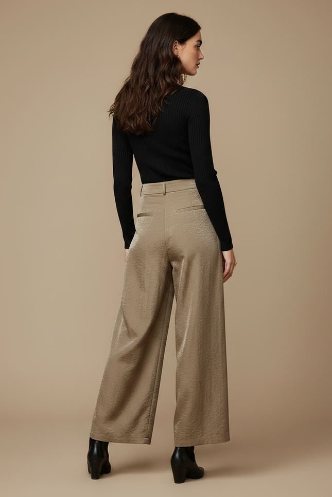 Pantalon À Pince Satiné Plissé Taille Haute Fluide Élégant - Kaki - vue 2