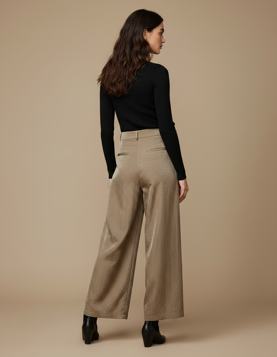 Pantalon À Pince Satiné Plissé Taille Haute Fluide Élégant - Kaki - vue 2