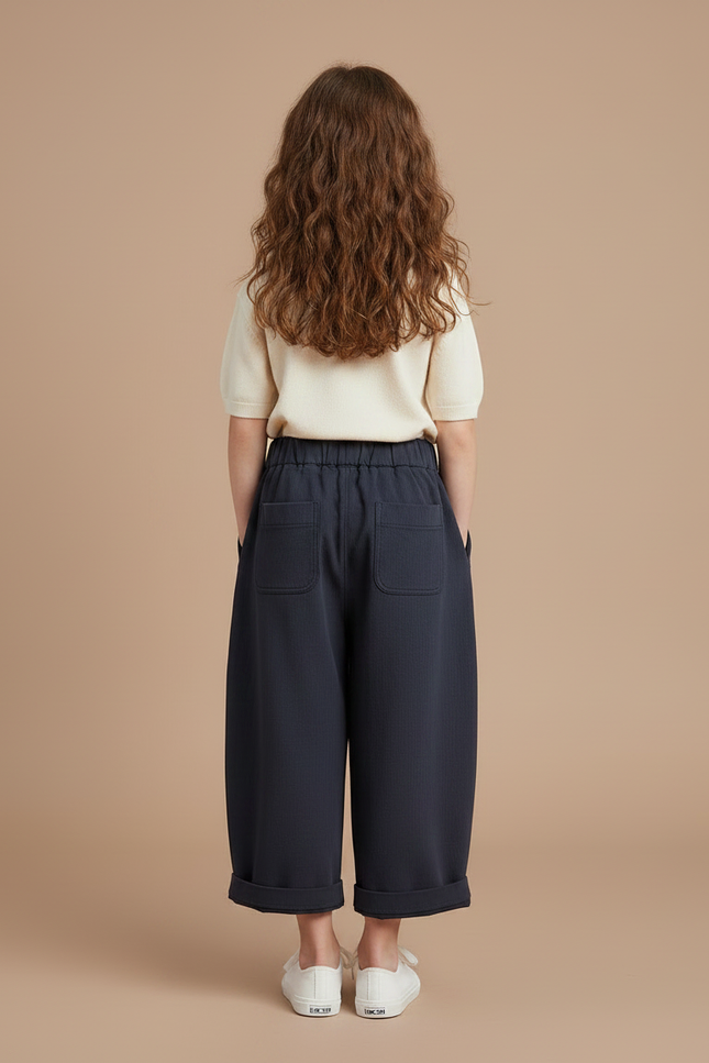 Pantalon À Pince Bleu Marine Brodé Décontracté Large - Cordé - vue 2