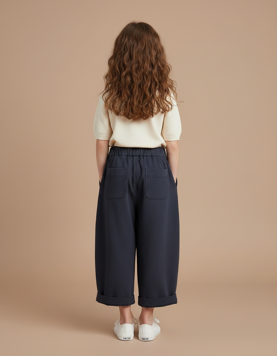 Pantalon À Pince Bleu Marine Brodé Décontracté Large - Cordé - vue 2