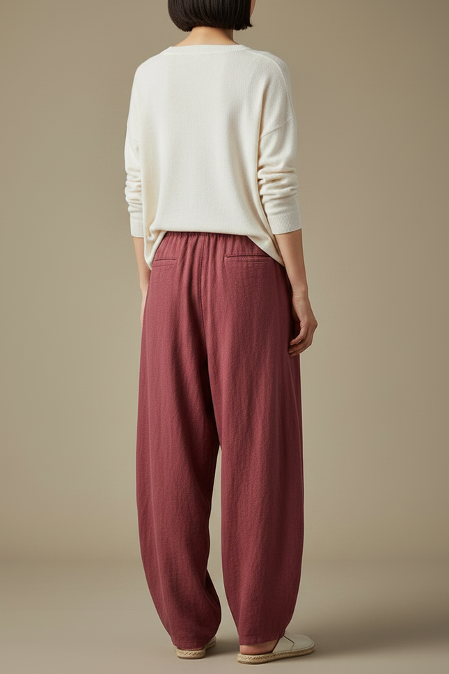 Pantalon À Pince Rouge Brique Lin Ample Décontracté Femme - Bordeaux - vue 2