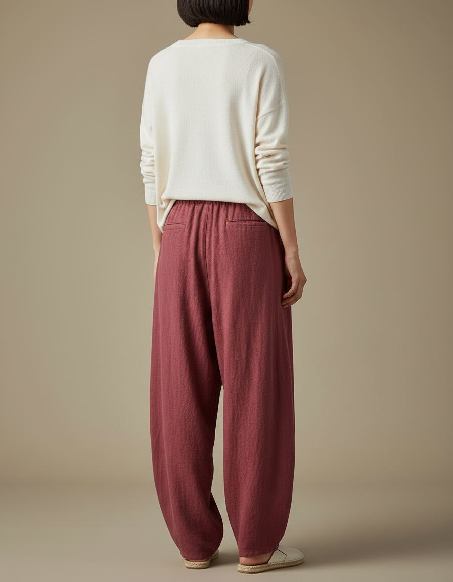 Pantalon À Pince Rouge Brique Lin Ample Décontracté Femme - Bordeaux - vue 2