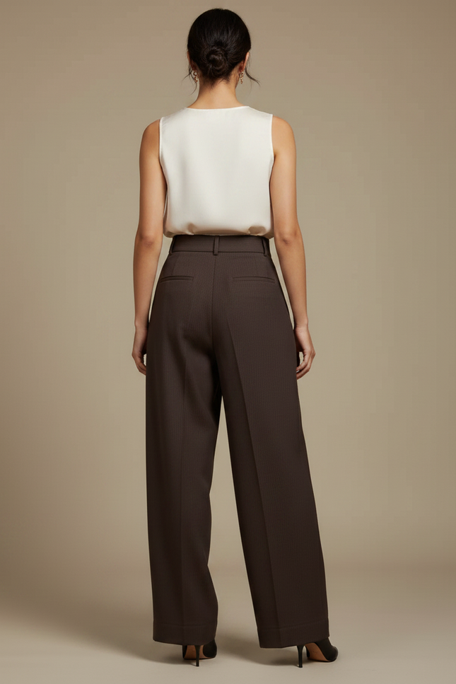 Pantalon À Pince Marron Rayé Ample Taille Haute Femme - Gabardine - vue 2