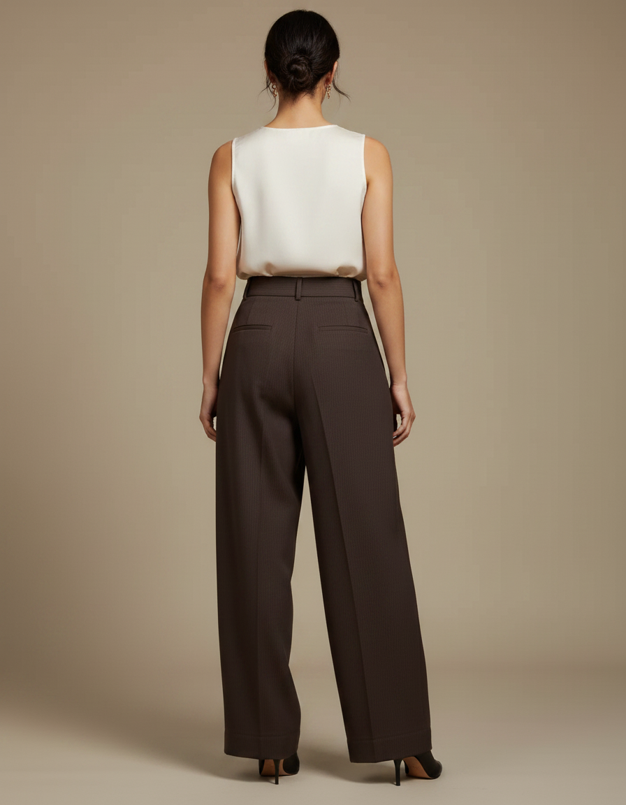 Pantalon À Pince Marron Rayé Ample Taille Haute Femme - Gabardine - vue 2